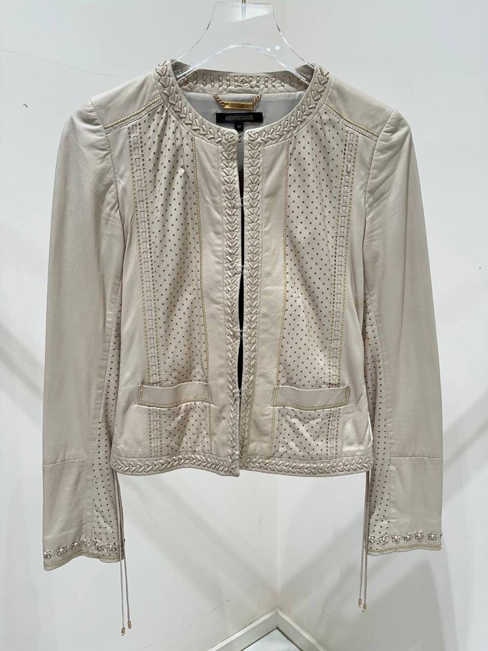 Roberto Cavalli Ivory Leather Cropped Jacket IT 40